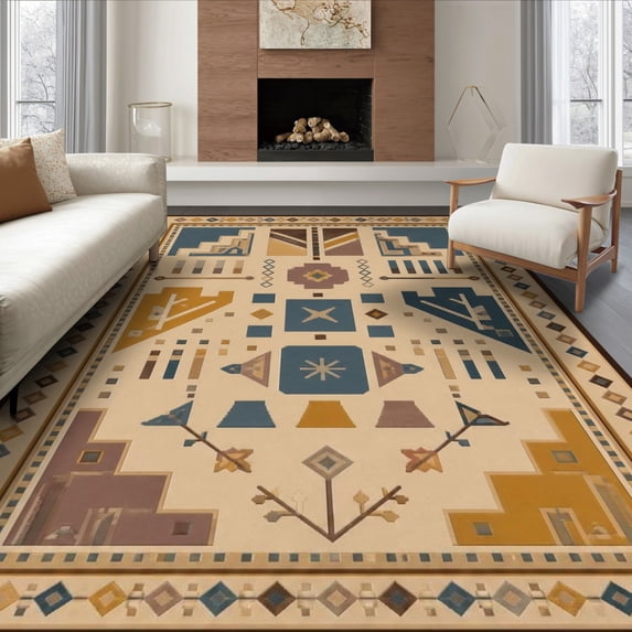 Geometric Border Rug Design ODIKA 6'x9' Ultra-Soft Area Rug, Blue Geometric Art Inspired Design ...