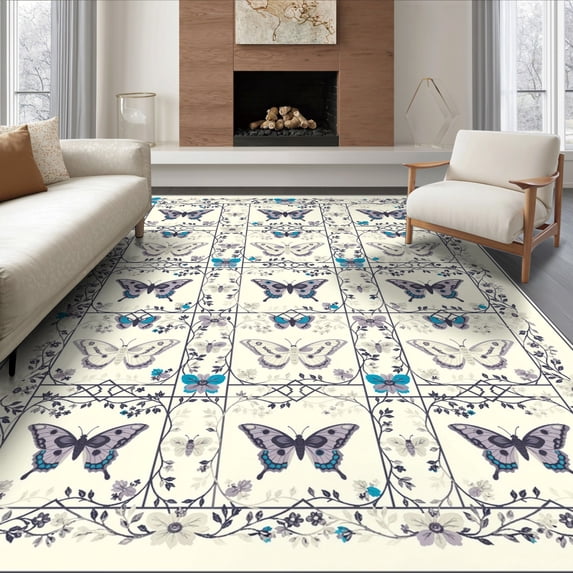 ODIKA 6'x9' Ultra-Soft Area Rug, Boho Moth Butterfly Motif Vintage Trellis Border Shaped Vinyl Flowing Dynamic None Washable, Bare feet friendly, Silk-Touch for Guest Room, Bedroom
