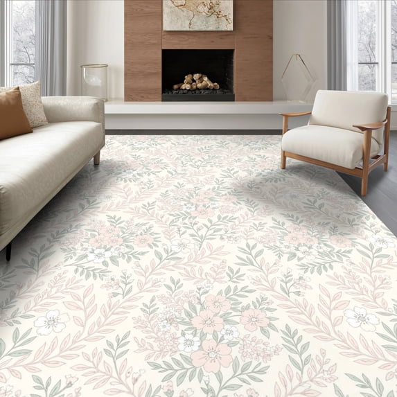 ODIKA 6'x9' Ultra-Soft Area Rug, Boho Scattered Vine Border Vintage Scroll Distressed Petal Pink Flowing Dynamic None Washable, Bare feet friendly, Silk-Touch for Guest Room, Bedroom