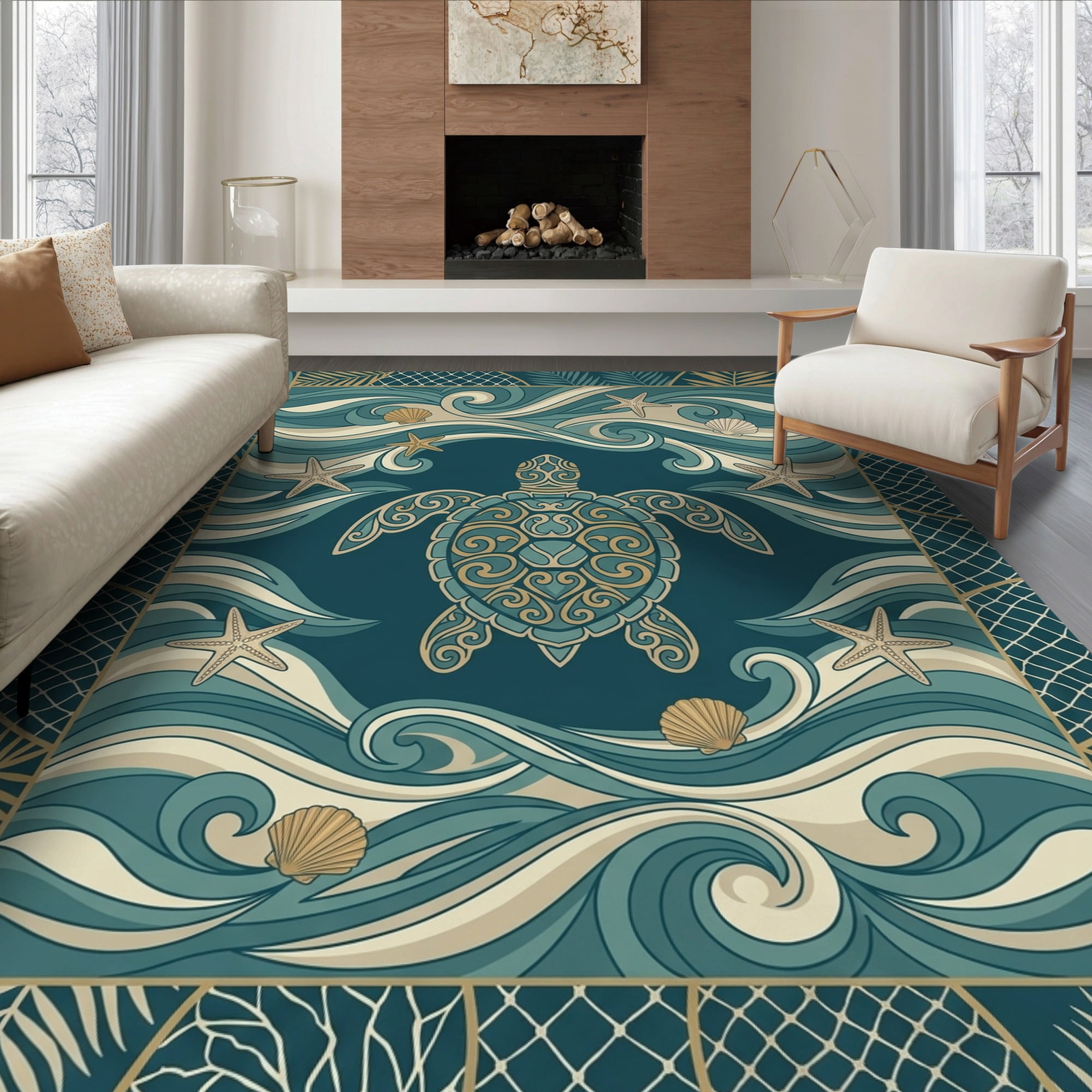 Shell Border Rug ODIKA 6'x9' Ultra-Soft Area Rug, Border Ocean Motif Seashell Scroll ...