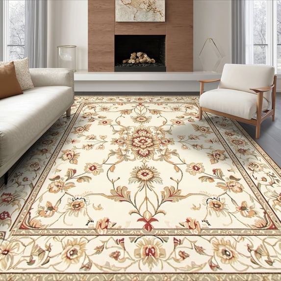 ODIKA 6'x9' Ultra-Soft Area Rug, Carpetas Tan Vintage Botanical Scroll Farmhouse Border Para Sala None Washable, Bare feet friendly, Silk-Touch for Guest Room, Bedroom