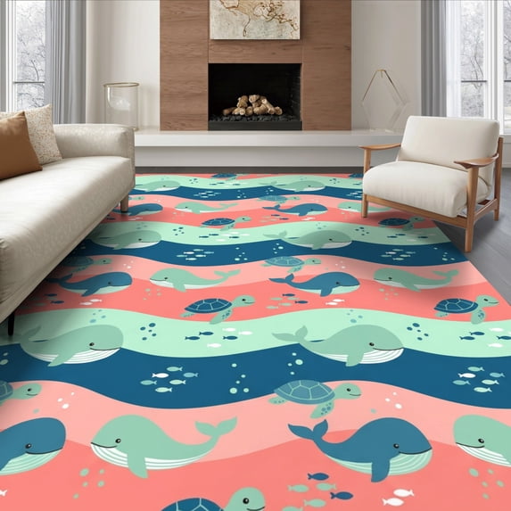 ODIKA 6'x9' Ultra-Soft Area Rug, Cartoon Ocean Animal With Wave Stripe Accents Whale Sea Turtle Playful None Washable, Bare feet friendly, Silk-Touch for Guest Room, Bedroom
