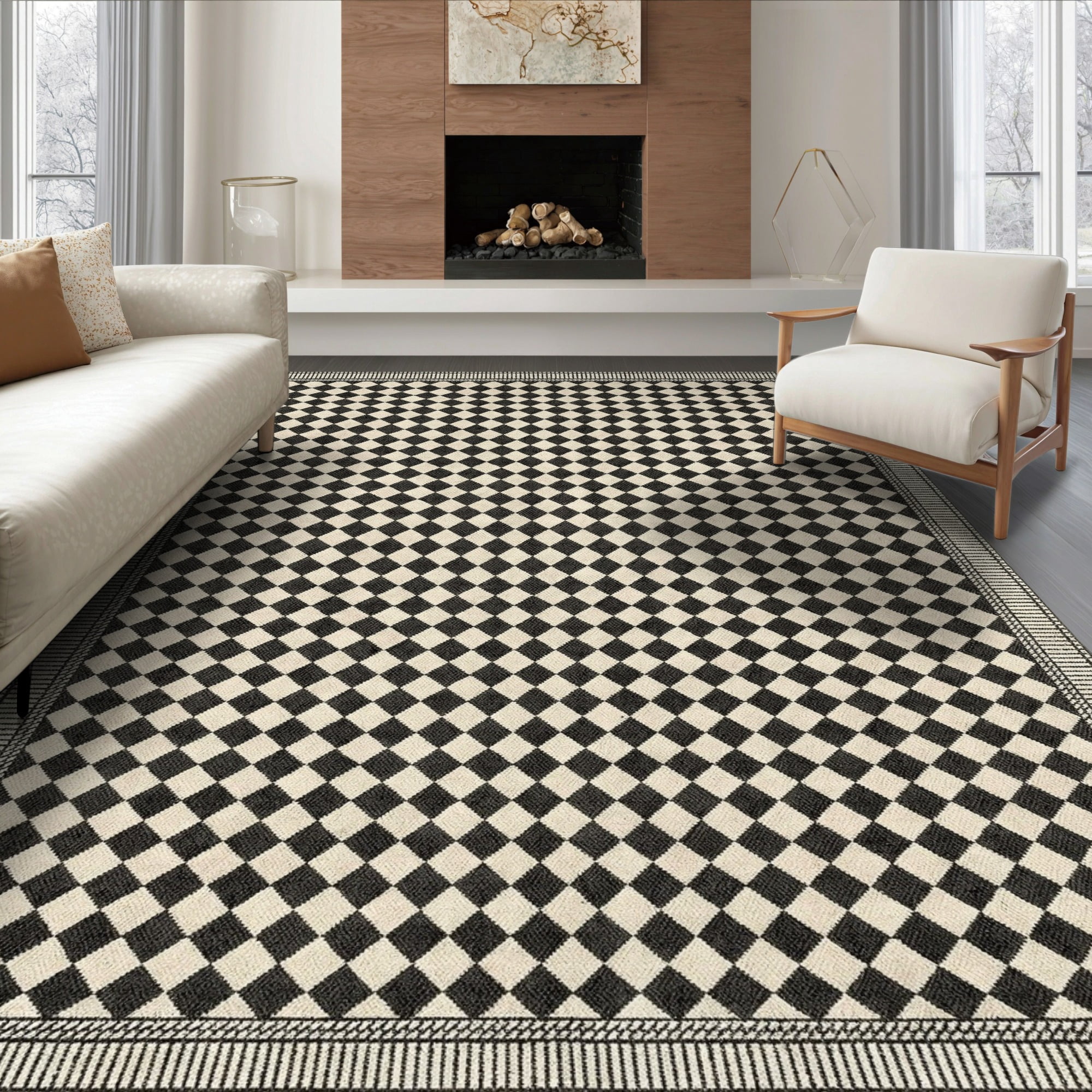 Neutral Fun Rug ODIKA 6'x9' Ultra-Soft Area Rug, Checkered Farmhouse Trellis Geometric ...