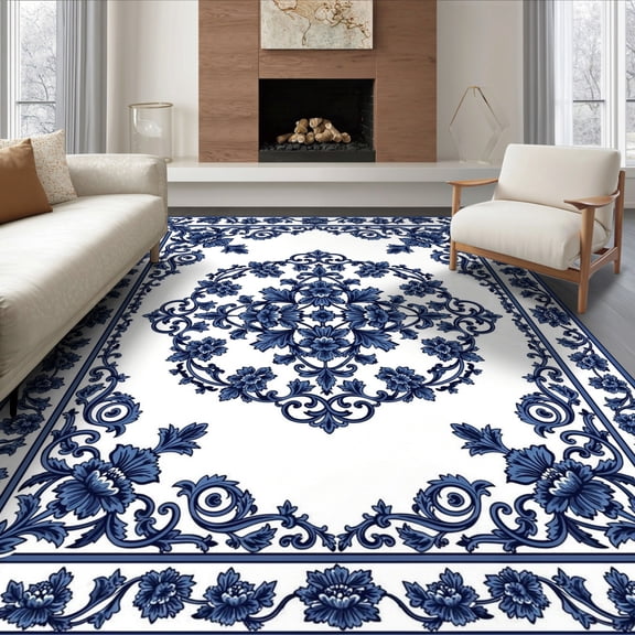 ODIKA 6'x9' Ultra-Soft Area Rug, Chinoiserie Vintage Floral Medallion With Porcelain Scrollwork None Washable, Bare feet friendly, Silk-Touch for Guest Room, Bedroom