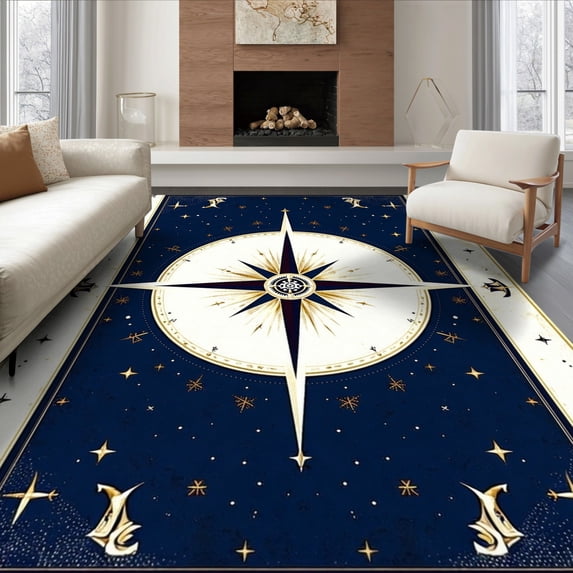 ODIKA 6'x9' Ultra-Soft Area Rug, Compass Round Nautical Vintage Points Boat Circular Retro Fish None Washable, Bare feet friendly, Silk-Touch for Guest Room, Bedroom