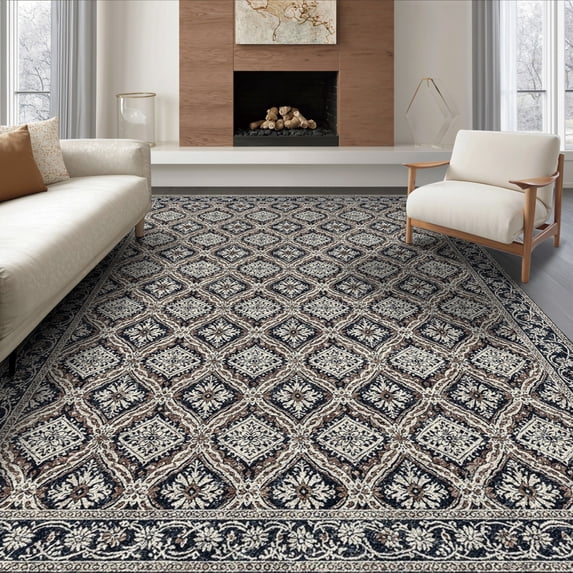 ODIKA 6'x9' Ultra-Soft Area Rug, Cream Boho Allover Interlocking Grid Ornamental Edging Academia None Washable, Bare feet friendly, Silk-Touch for Guest Room, Bedroom