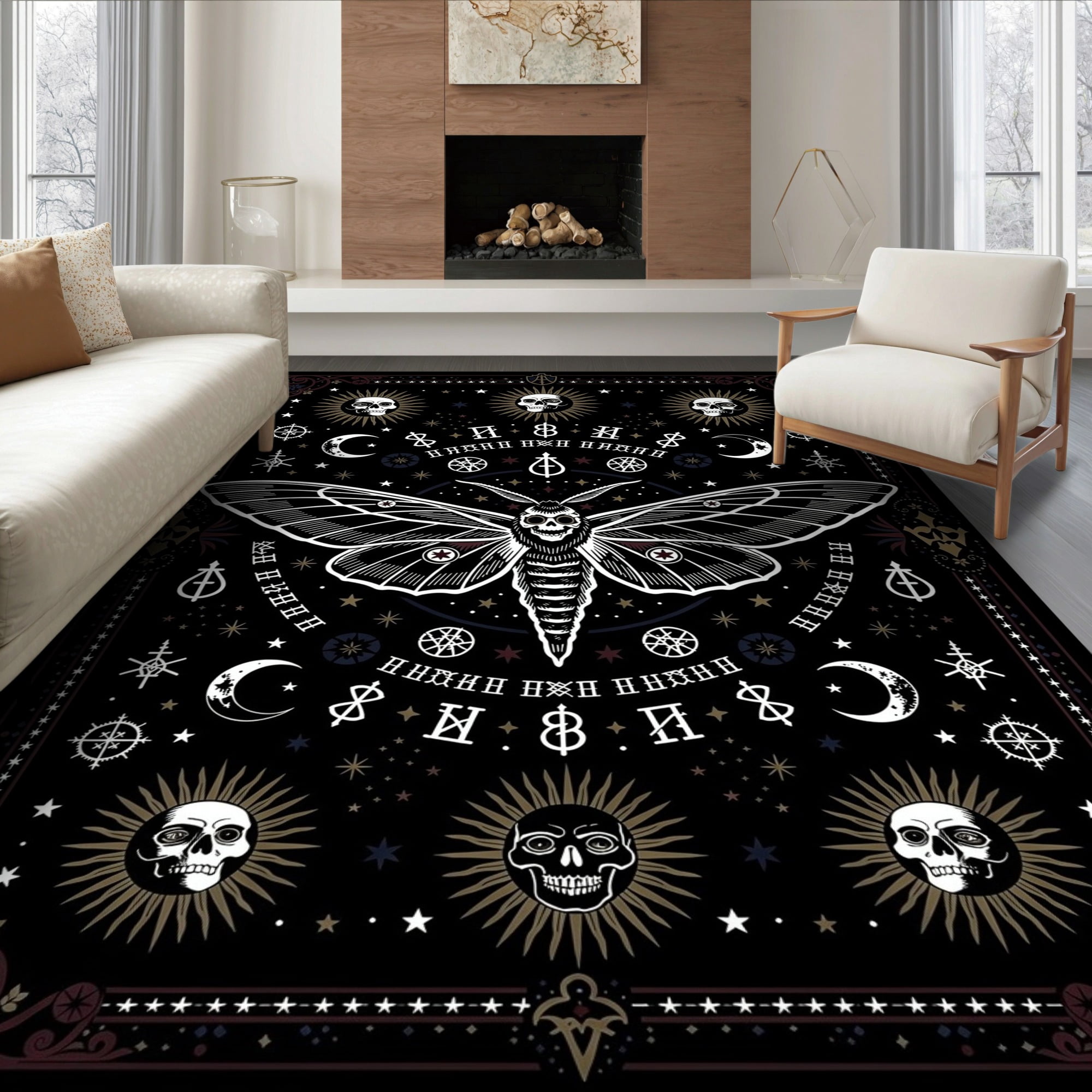 Monochrome Patterned Rug ODIKA 6'x9' Ultra-Soft Area Rug, Death Moth Witchy Symmetrical ...