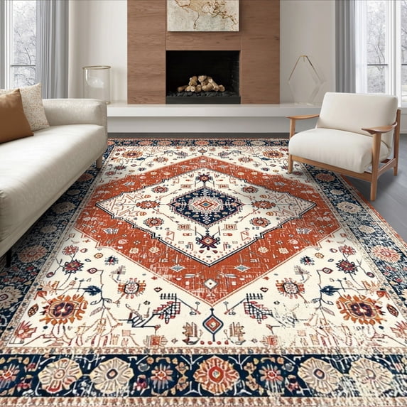 ODIKA 6'x9' Ultra-Soft Area Rug, Entryway Boho Vintage Southwestern Border Motif Distressed Scroll None Washable, Bare feet friendly, Silk-Touch for Guest Room, Bedroom