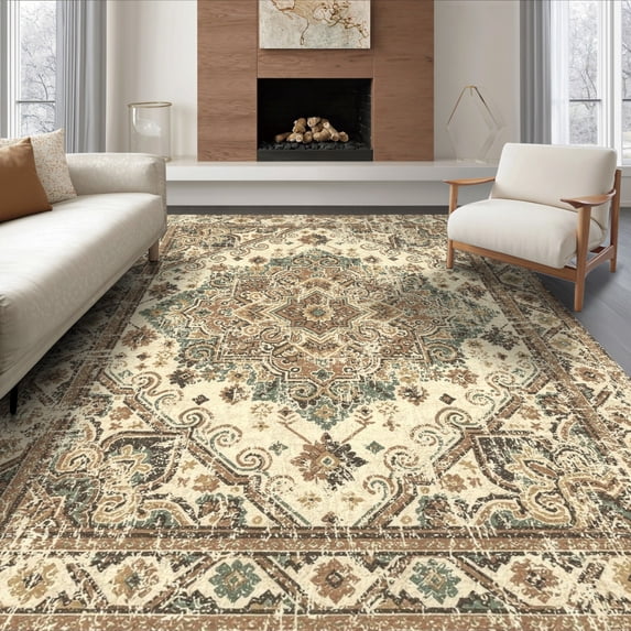 ODIKA 6'x9' Ultra-Soft Area Rug, Farmhouse Diamond Marker Central Motif Weathered Edge Accent None Washable, Bare feet friendly, Silk-Touch for Guest Room, Bedroom