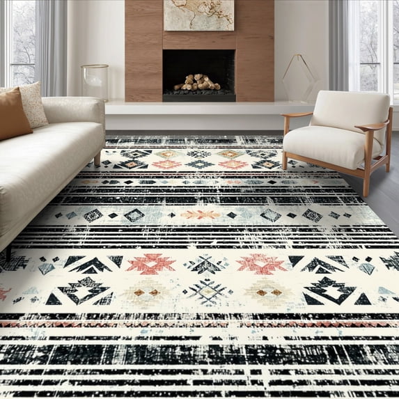 ODIKA 6'x9' Ultra-Soft Area Rug, Farmhouse Southwestern Motif Cream Distressed Desk Dining Under None Washable, Bare feet friendly, Silk-Touch for Guest Room, Bedroom