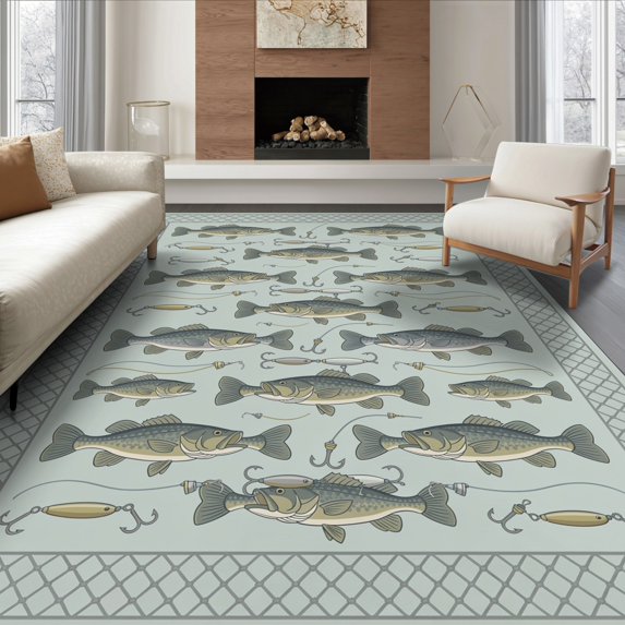 ODIKA 6'x9' Ultra-Soft Area Rug, Fishing Bass Repeating Lure Net Border Tackle Motif Angler Fish Flowing Dynamic None Washable, Bare feet friendly, Silk-Touch for Guest Room, Bedroom