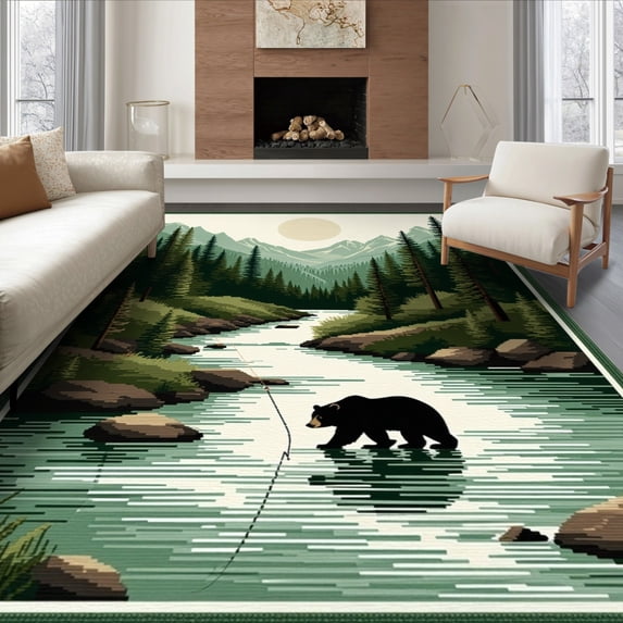 ODIKA 6'x9' Ultra-Soft Area Rug, Fishing Cabin Riverside Wildlife Motif Forest Border Print Motifs None Washable, Bare feet friendly, Silk-Touch for Guest Room, Bedroom