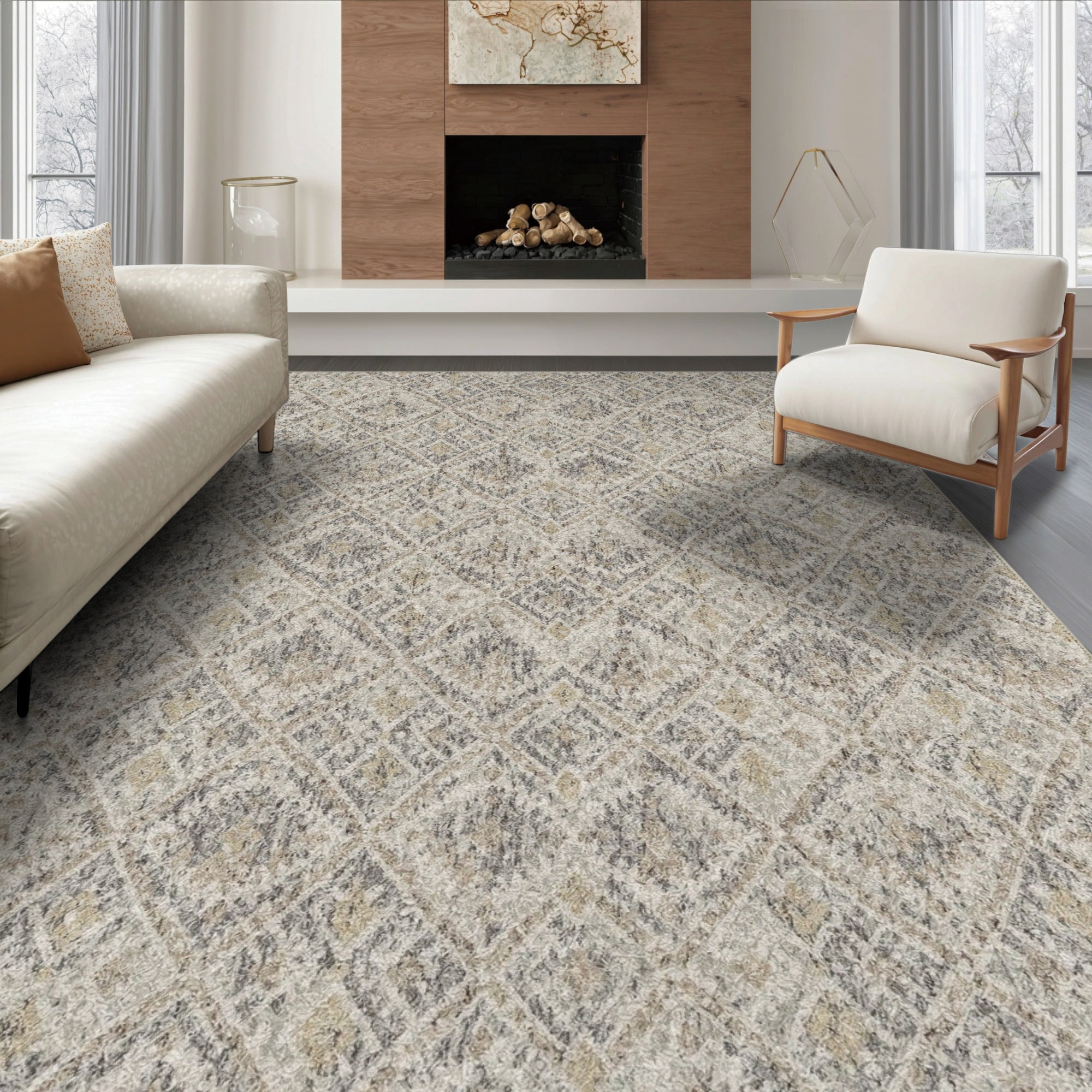 Gray Mesh Pattern Area Rug ODIKA 6'x9' Ultra-Soft Area Rug, Grey Gold Neutral Composition Taupe ...