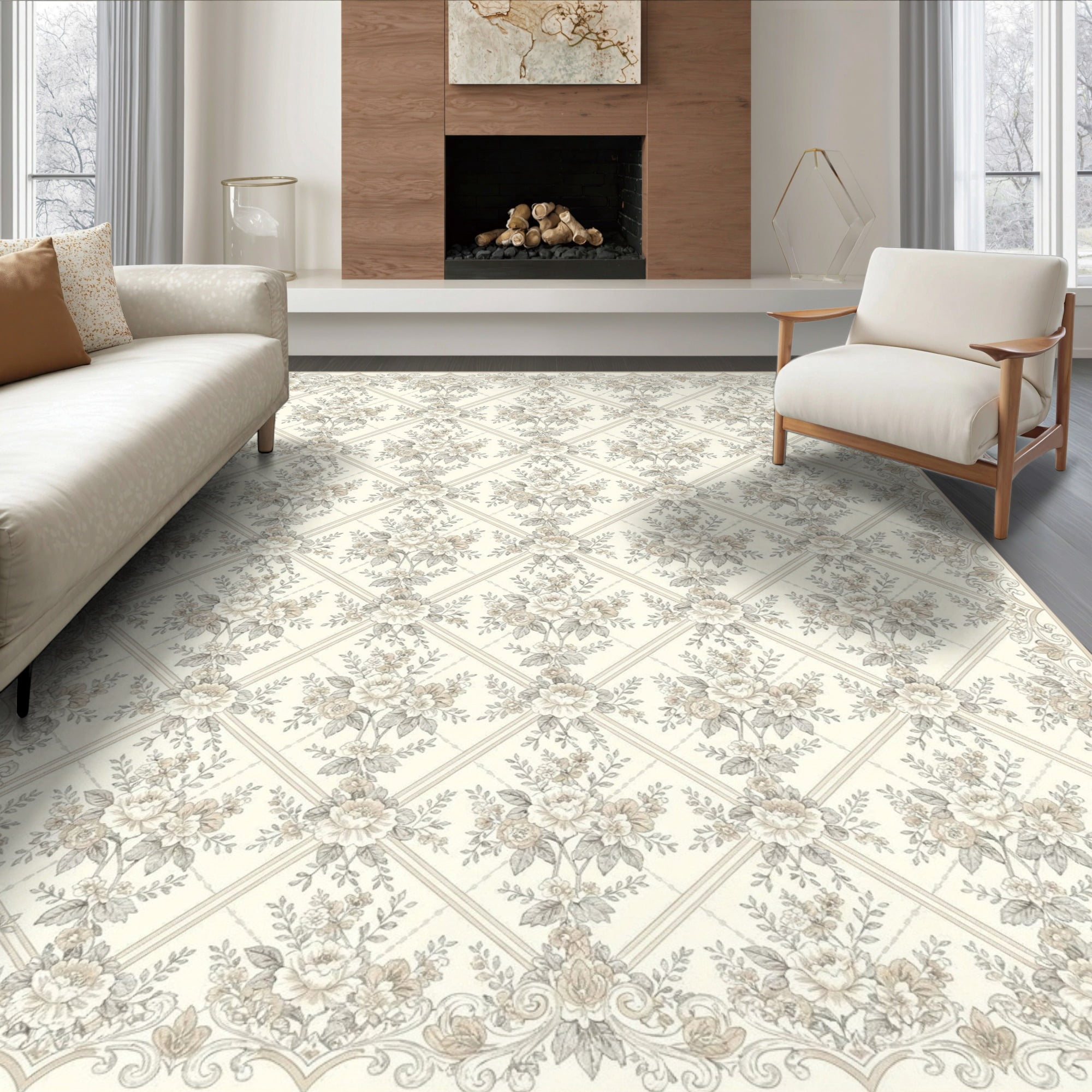 ODIKA 6'x9' Ultra-Soft Area Rug, Grey Vintage Trellis Farmhouse Scroll ...