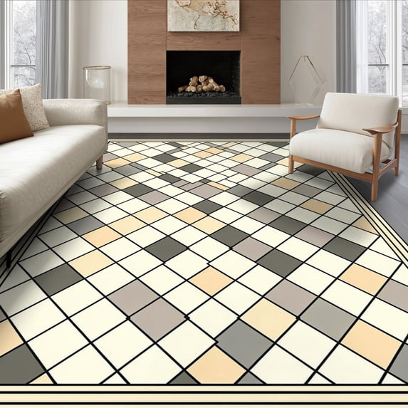 Room Layout Grid Rug ODIKA 6'x9' Ultra-Soft Area Rug, Grid Lattice Motif Geometric Squares ...