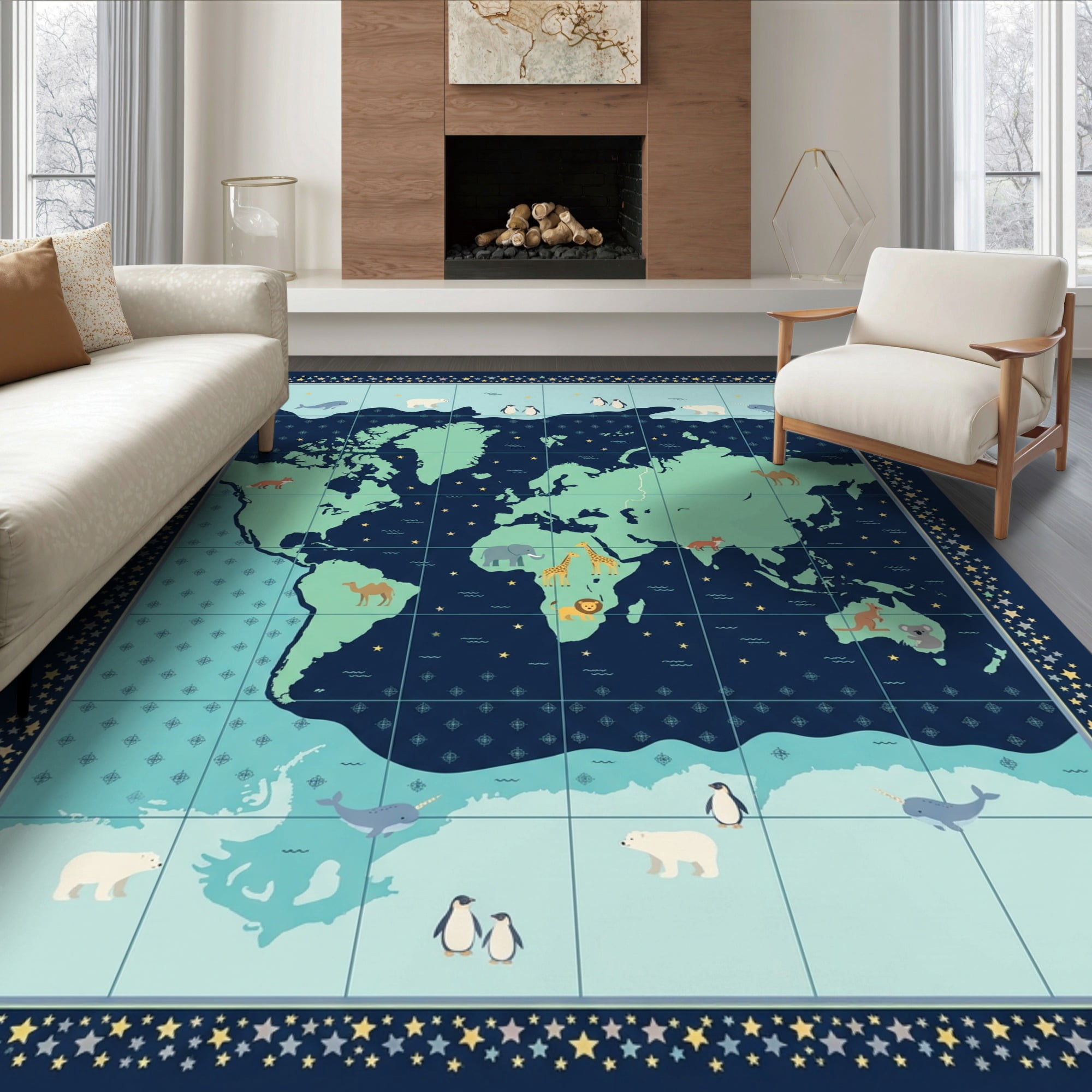 Pastel Large Rug ODIKA 6'x9' Ultra-Soft Area Rug, Large Map Is Explorer Creatures Pastel ...