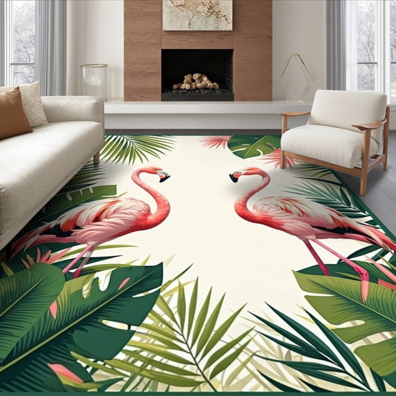 ODIKA 6'x9' Ultra-Soft Area Rug, Leaves Symmetrical Banana Frond Botanical Border Jungle Motif None Washable, Bare feet friendly, Silk-Touch for Guest Room, Bedroom