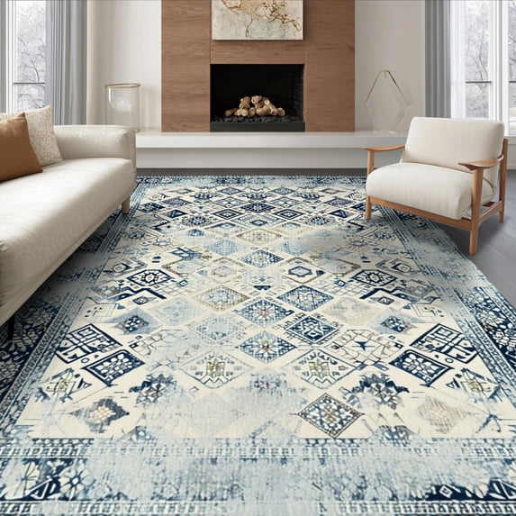 ODIKA 6'x9' Ultra-Soft Area Rug, Livingroom Abstract Motif Symmetrical Interlocking Border Neutral None Washable, Bare feet friendly, Silk-Touch for Guest Room, Bedroom