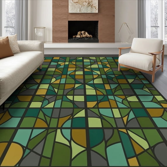ODIKA 6'x9' Ultra-Soft Area Rug, Mid Abstract Century Stained Mosaic Retro Hallway School Geometric Flowing None Washable, Bare feet friendly, Silk-Touch for Guest Room, Bedroom