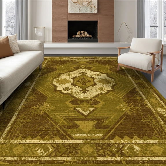 Geometric Border Rug Design ODIKA 6'x9' Ultra-Soft Area Rug, Mid Century Geometric Motif Faded ...