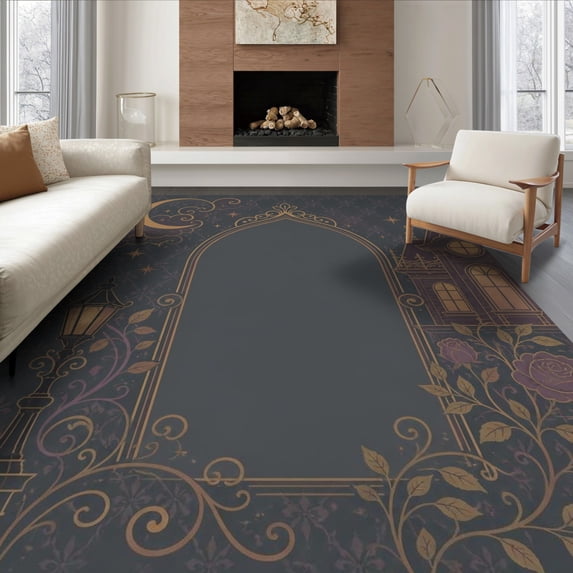 ODIKA 6'x9' Ultra-Soft Area Rug, Midnight Blue Gold Gothic Elegance Victorian Motif with Moonlit Accents Washable, Bare feet friendly, Silk-Touch for Guest Room, Bedroom
