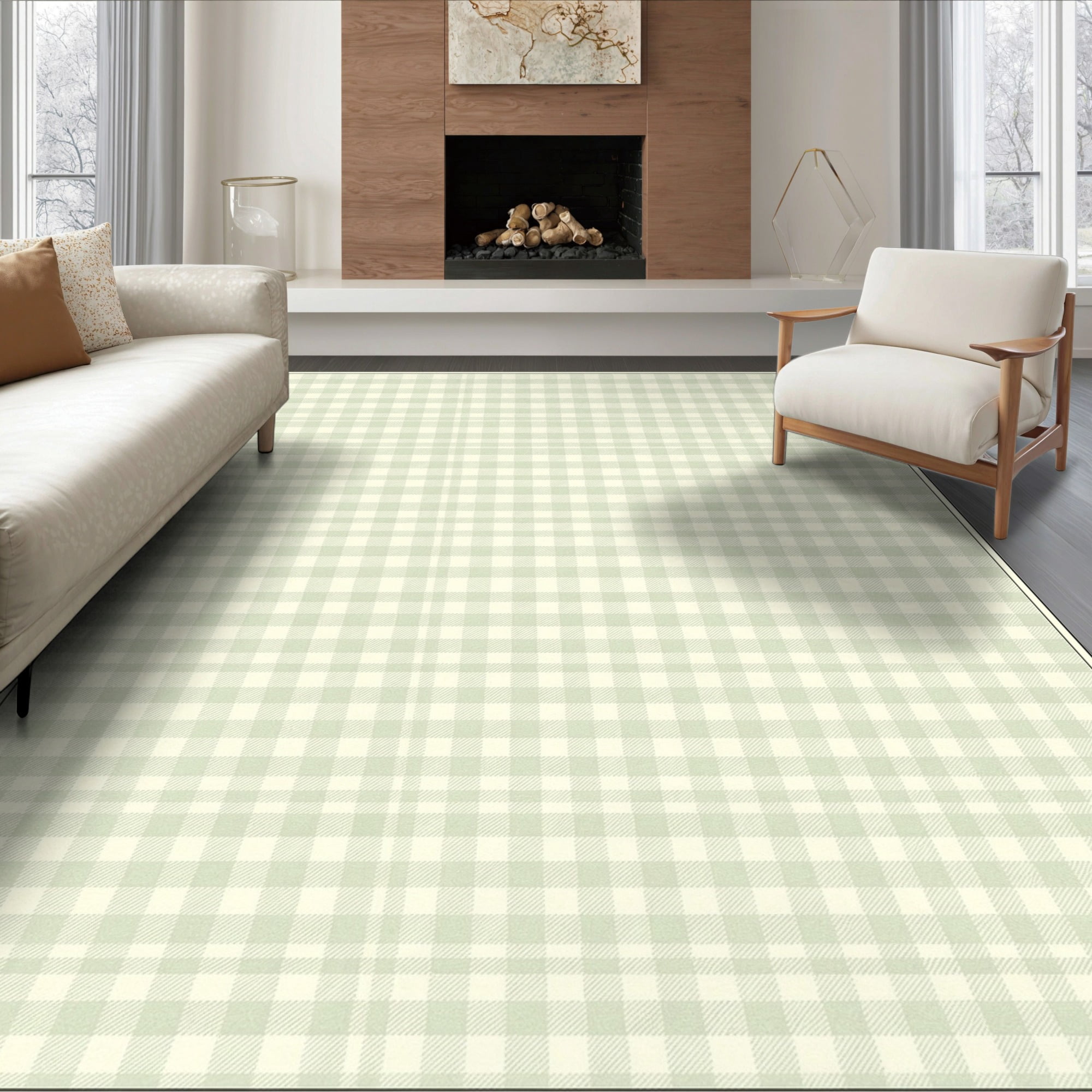 Simple Neutral Rug Plaid ODIKA 6'x9' Ultra-Soft Area Rug, Mint Contemporary Sage Plaid ...