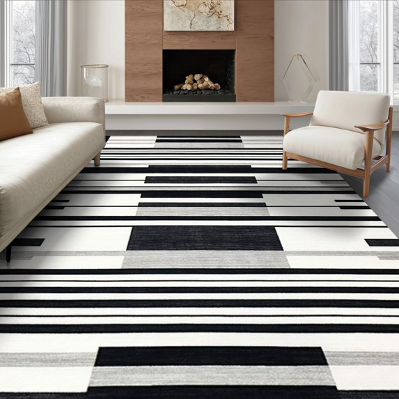 ODIKA 6'x9' Ultra-Soft Area Rug, Under Monochrome Bold Interlocking Bands Striped Entryway Doormat None Washable, Bare feet friendly, Silk-Touch for Guest Room, Bedroom