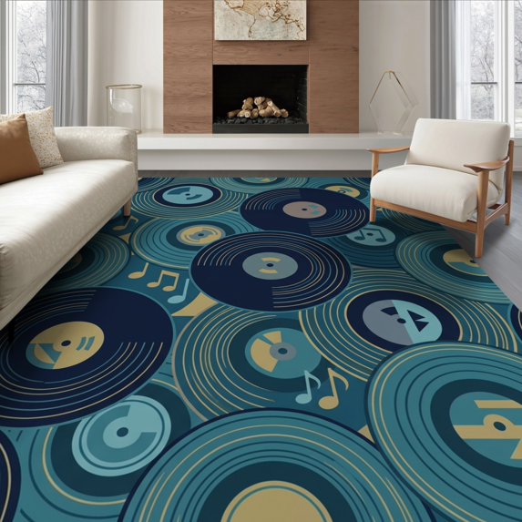 ODIKA 6'x9' Ultra-Soft Area Rug, Music Note Cd Geometric Circle Abstract Record Album Inspired None Washable, Bare feet friendly, Silk-Touch for Guest Room, Bedroom