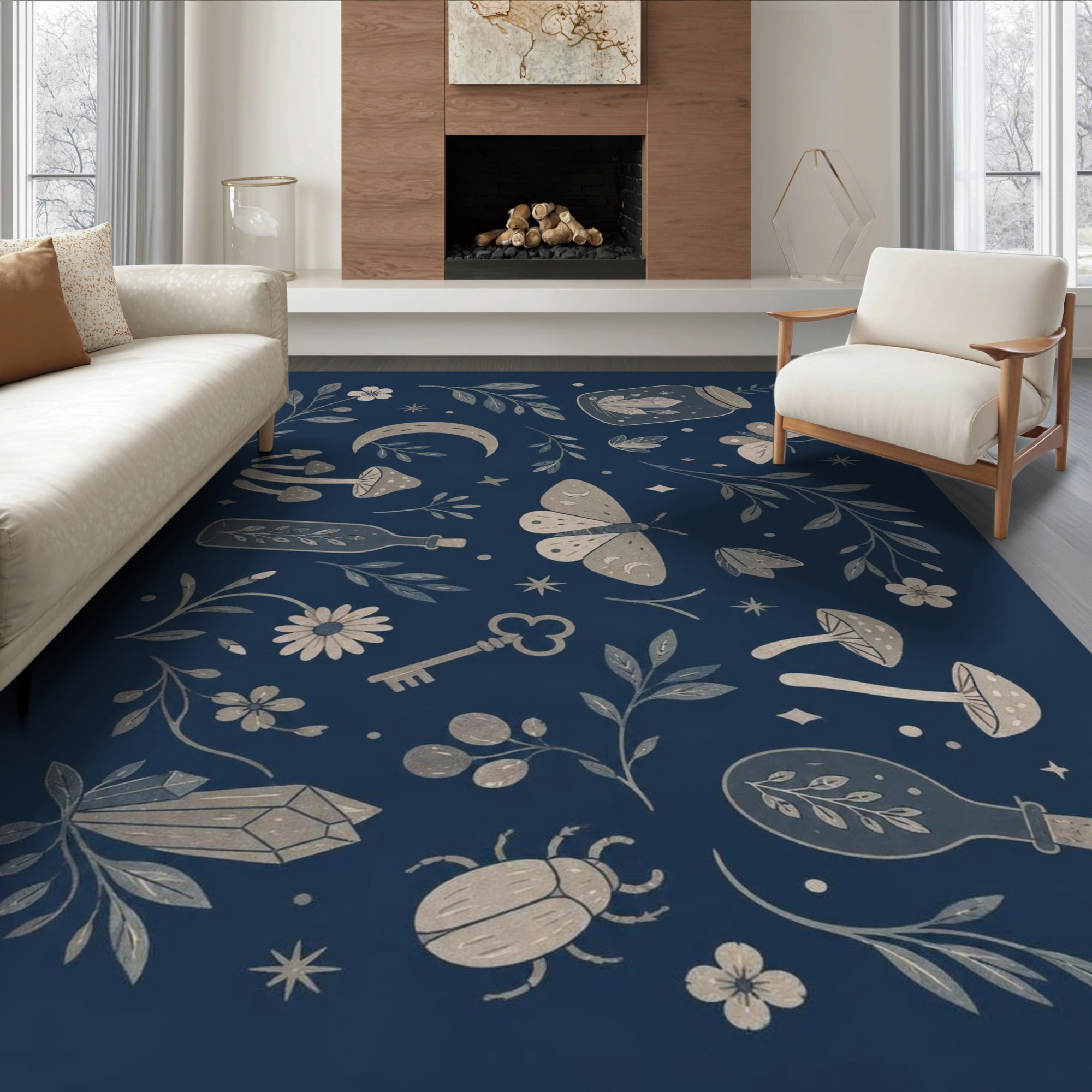 ODIKA 6'x9' Ultra-Soft Area Rug, Navy Beige Enchanted Nightfall Design ...