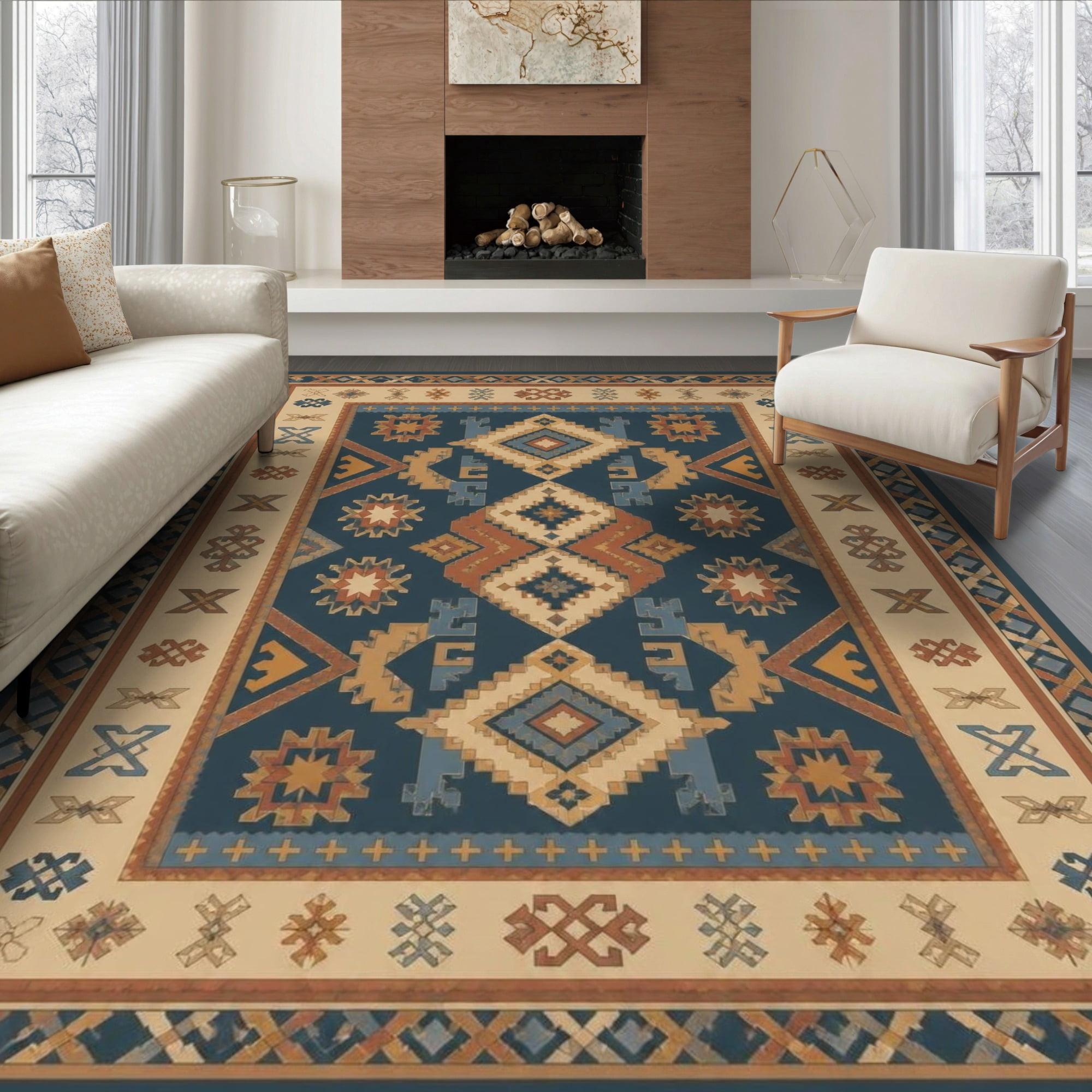 Geometric Border Rug Design ODIKA 6'x9' Ultra-Soft Area Rug, Navy Beige Geometric Symmetry Accents ...