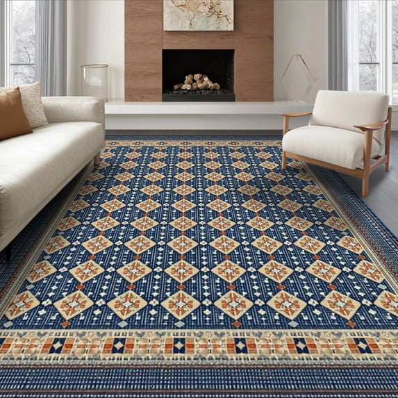 ODIKA 6'x9' Ultra-Soft Area Rug, Navy Long Abstract Ocean Mosaic Modern Boho Diamond Motif with Stepped Border Washable, Bare feet friendly, Silk-Touch for Guest Room, Bedroom