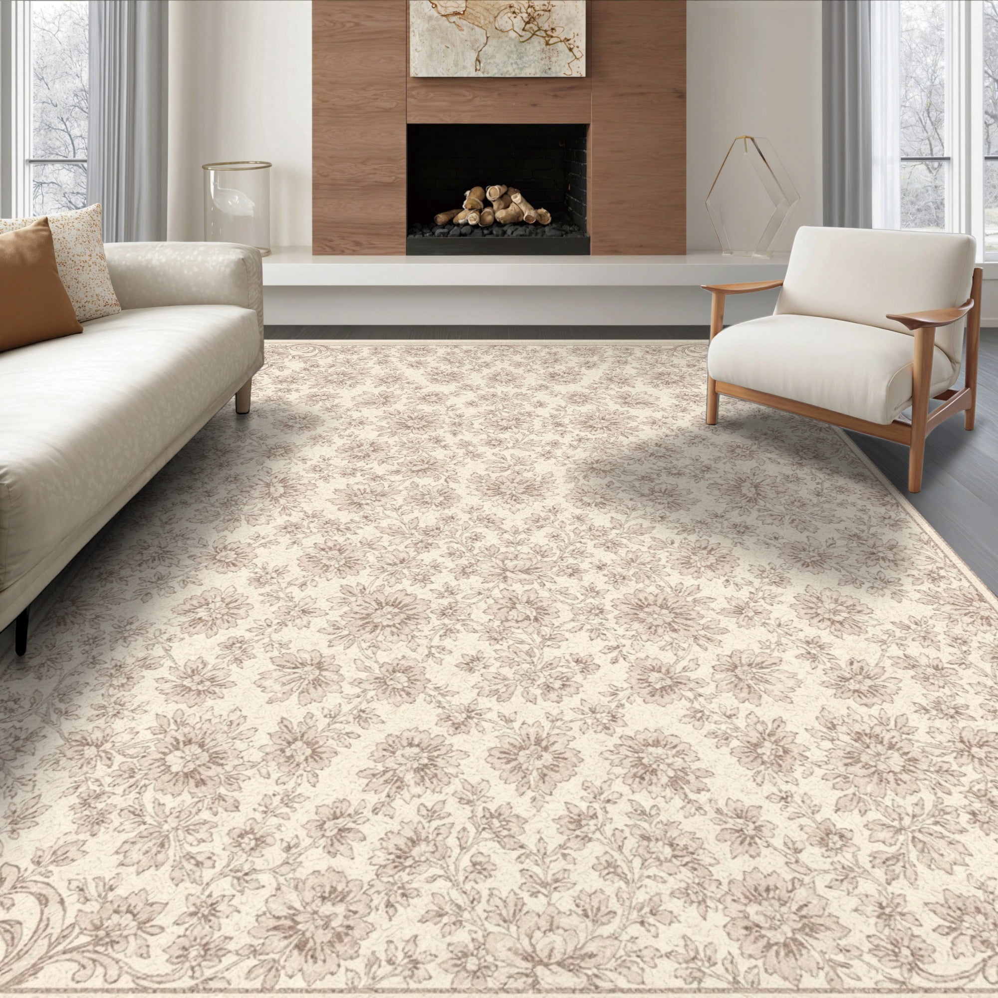 Neutral Fun Rug ODIKA 6'x9' Ultra-Soft Area Rug, Neutral Delicate Blossoms Faded Corner ...