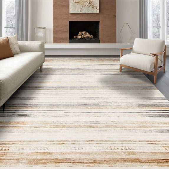 ODIKA 6'x9' Ultra-Soft Area Rug, Neutral Farmhouse Stripe With Boho Geometric Distressed Accents None Washable, Bare feet friendly, Silk-Touch for Guest Room, Bedroom