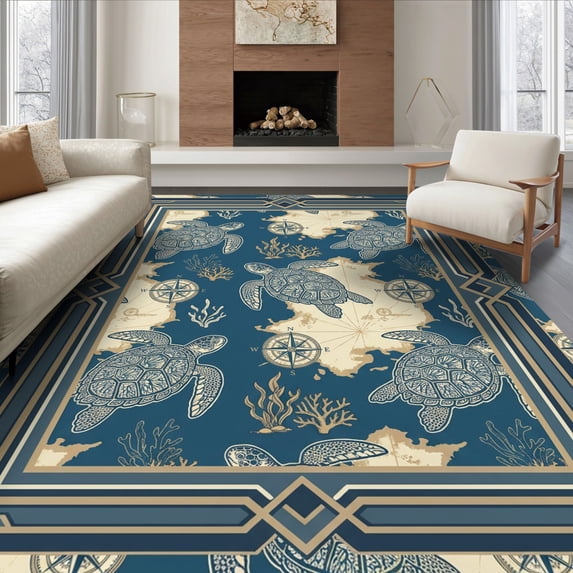 ODIKA 6'x9' Ultra-Soft Area Rug, Ocean Compass Motif Coral Border Vintage Turtle Nautical Map Playful Expressive None Washable, Bare feet friendly, Silk-Touch for Guest Room, Bedroom