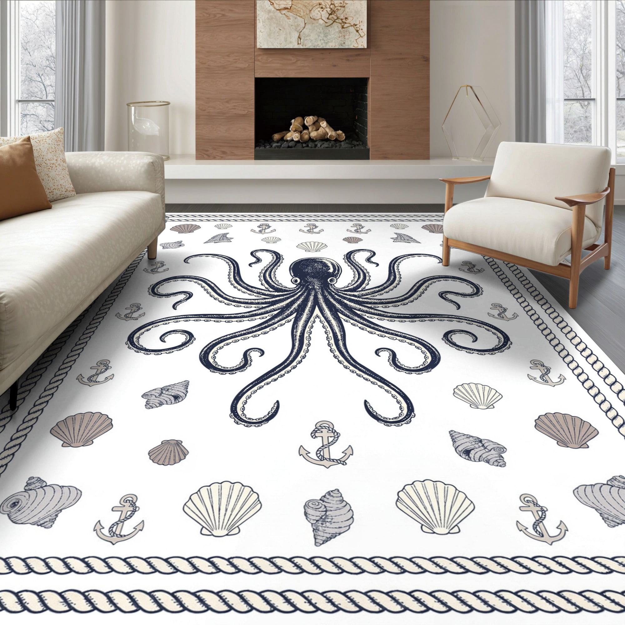 Borderd Rugs ODIKA 6'x9' Ultra-Soft Area Rug, Octopus Nautical Frame Motifs Compass ...