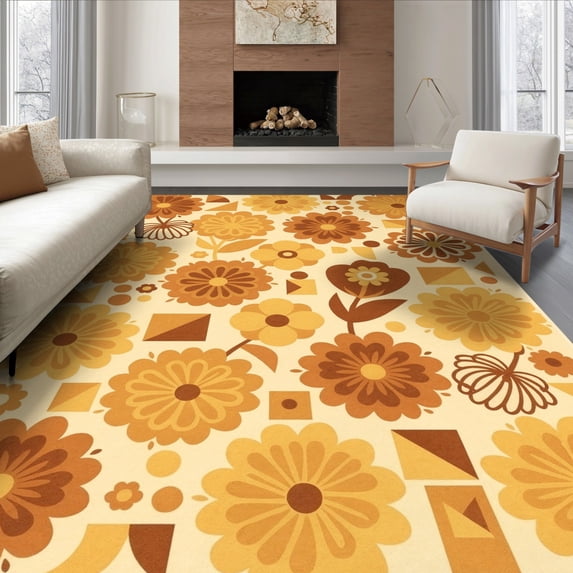 ODIKA 6'x9' Ultra-Soft Area Rug, Orange Century Mid Stylized Petal Shapes Terracotta Arrangement None Washable, Bare feet friendly, Silk-Touch for Guest Room, Bedroom