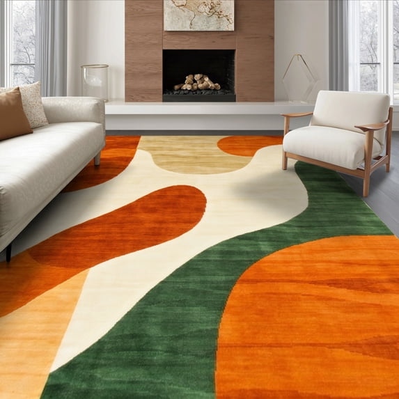 ODIKA 6'x9' Ultra-Soft Area Rug, Orange Swirl Burnt Abstract Wavy Groovy Blocks Decorative Creamy None Washable, Bare feet friendly, Silk-Touch for Guest Room, Bedroom