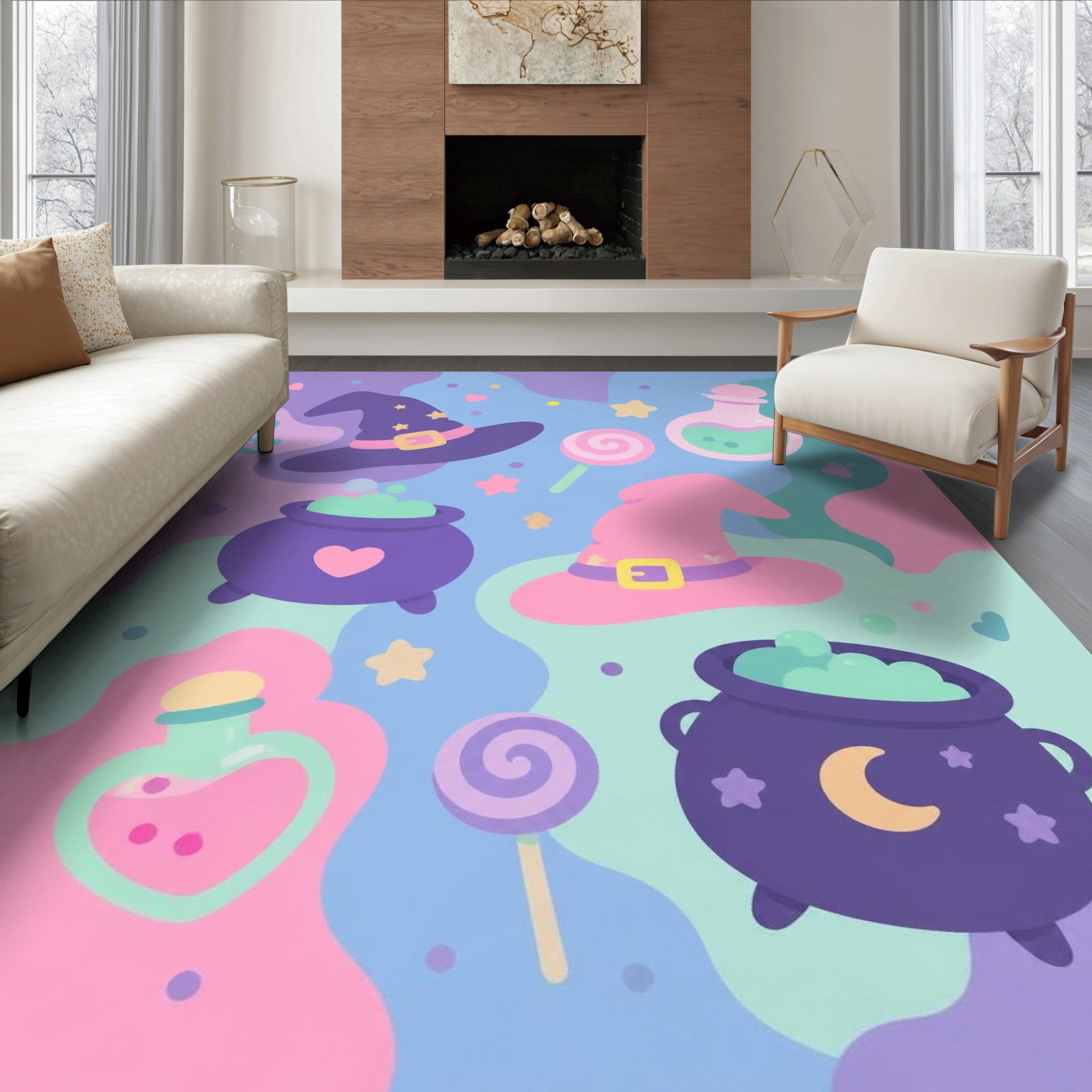 Pastel Multicolor Rug ODIKA 6'x9' Ultra-Soft Area Rug, Pastel Multicolor Whimsical Witchcraft ...