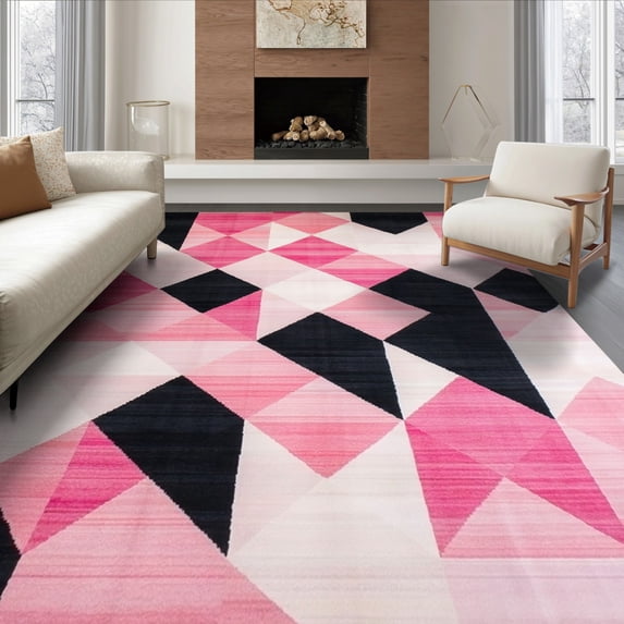 ODIKA 6'x9' Ultra-Soft Area Rug, Pink Abstract Geometric Contemporary Bold Interlocking Maze Grid None Washable, Bare feet friendly, Silk-Touch for Guest Room, Bedroom
