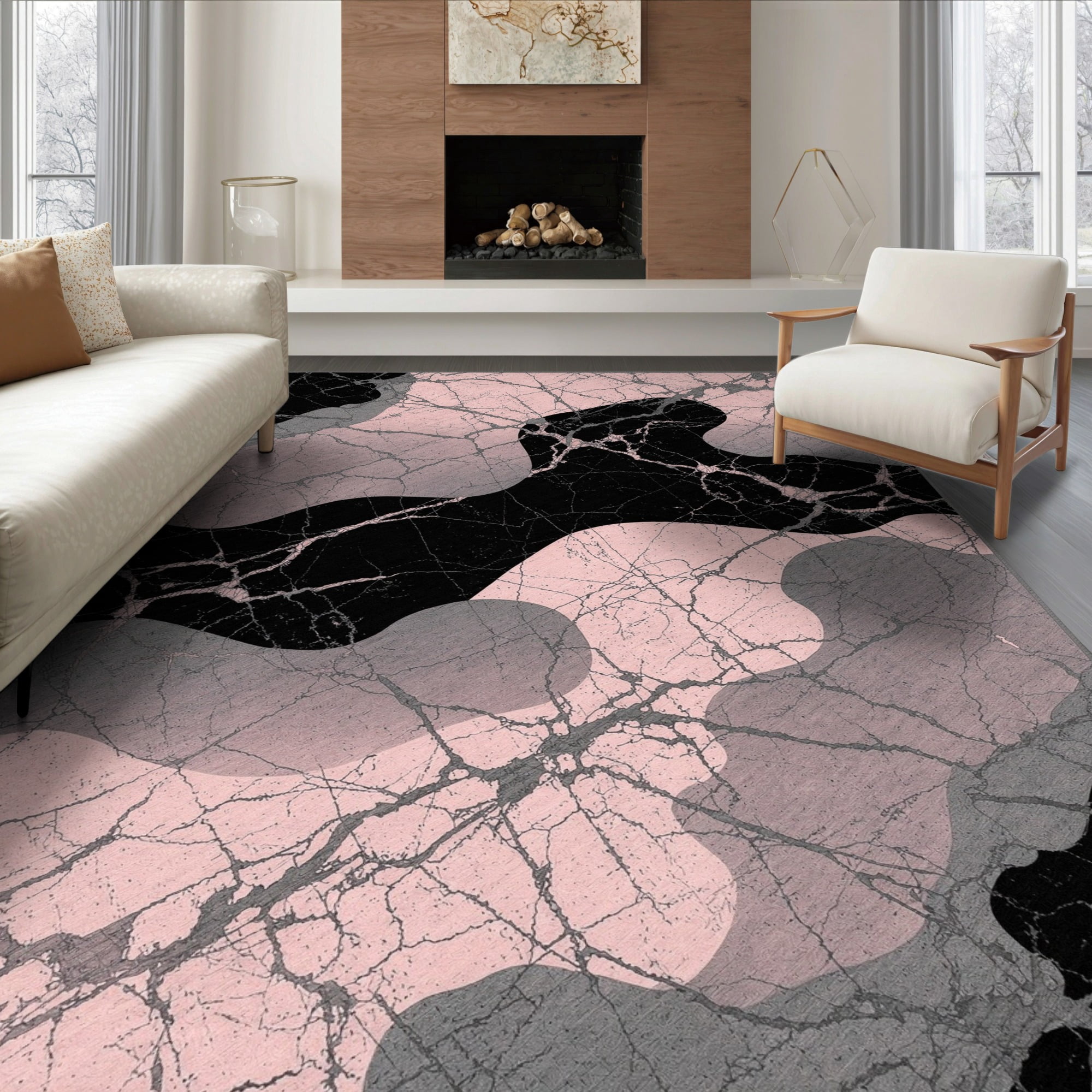 Gray Pink Rag Rug ODIKA 6'x9' Ultra-Soft Area Rug, Pink Grey Flowing Ombre Asymmetric ...