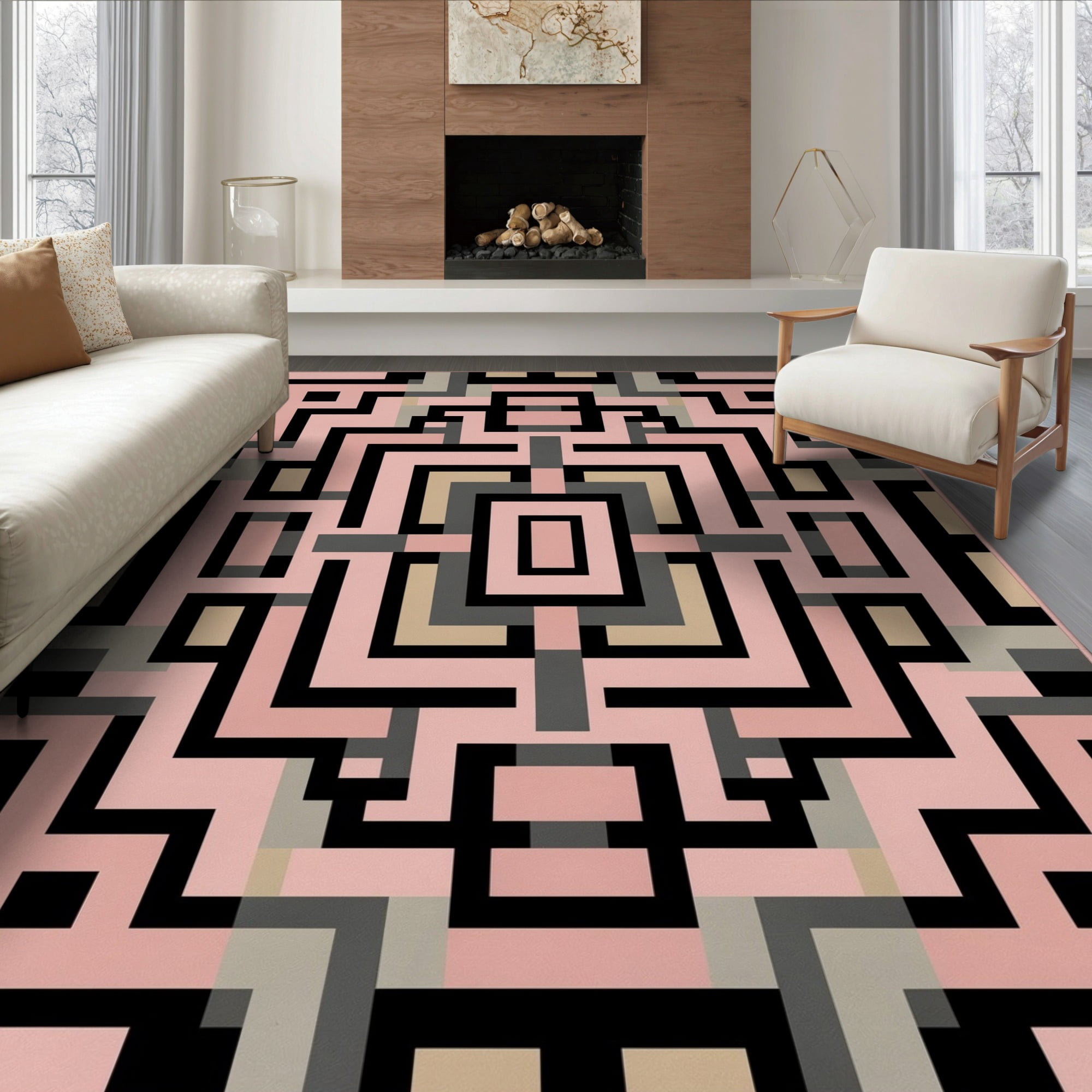 Pimk Rug ODIKA 6'x9' Ultra-Soft Area Rug, Pink Nested Angular Motifs Symmetrical ...