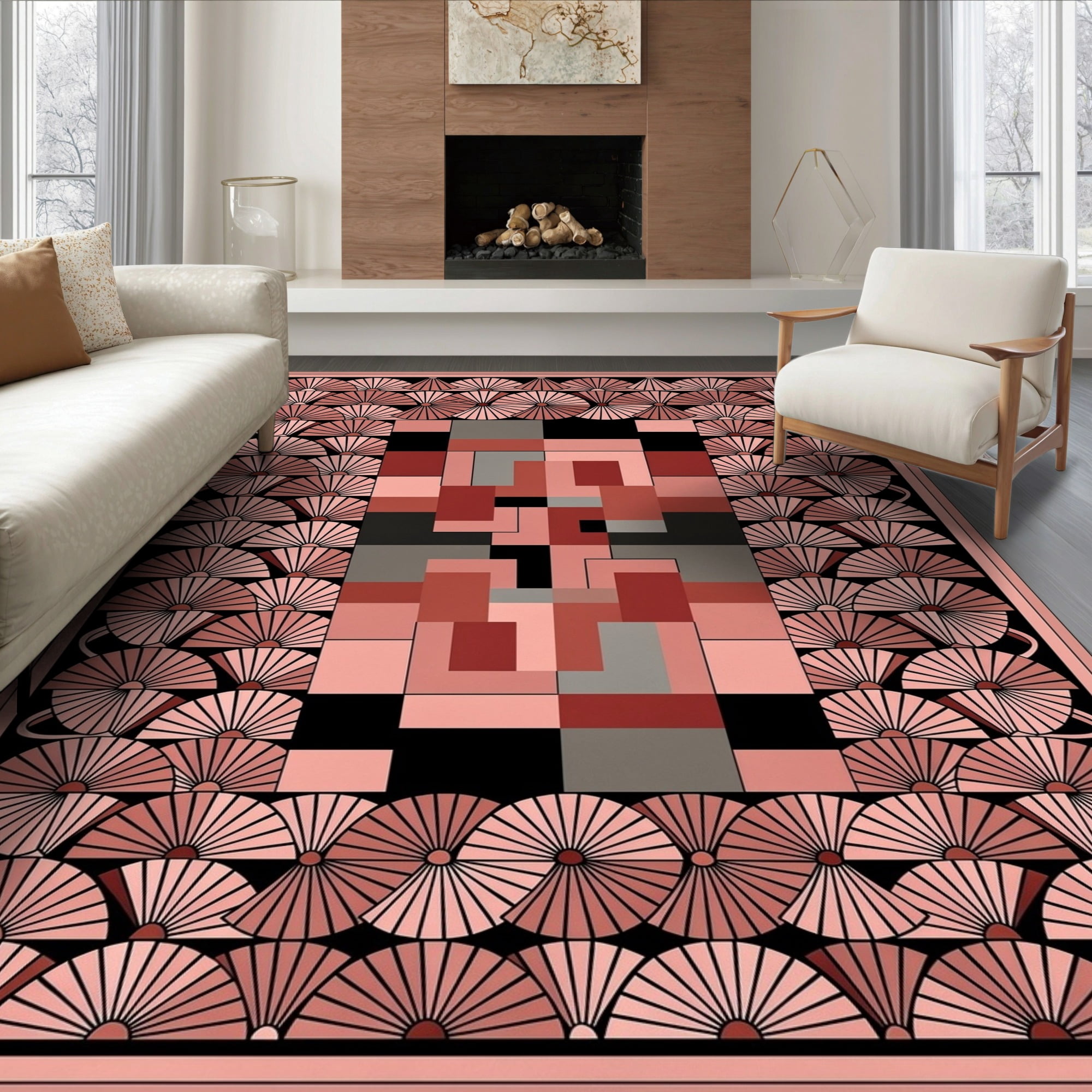 ODIKA 6'x9' Ultra-Soft Area Rug, Pink Stepped Shapes Symmetrical Panel ...