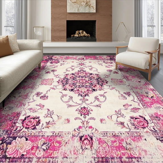 ODIKA 6'x9' Ultra-Soft Area Rug, Pink Vintage Distressed Roses Scroll ...
