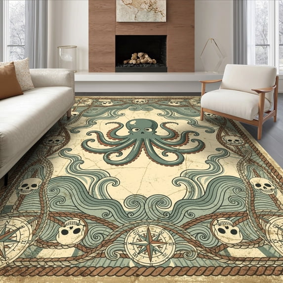 Washable Abstract Shape Rug ODIKA 6'x9' Ultra-Soft Area Rug, Pirate Octopus Vintage Nautical ...