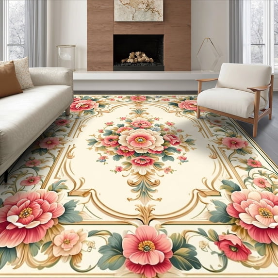 ODIKA 6'x9' Ultra-Soft Area Rug, Playroom Vintage Coquette Scroll Border Aesthetic Pink Dorm Boho None Washable, Bare feet friendly, Silk-Touch for Guest Room, Bedroom