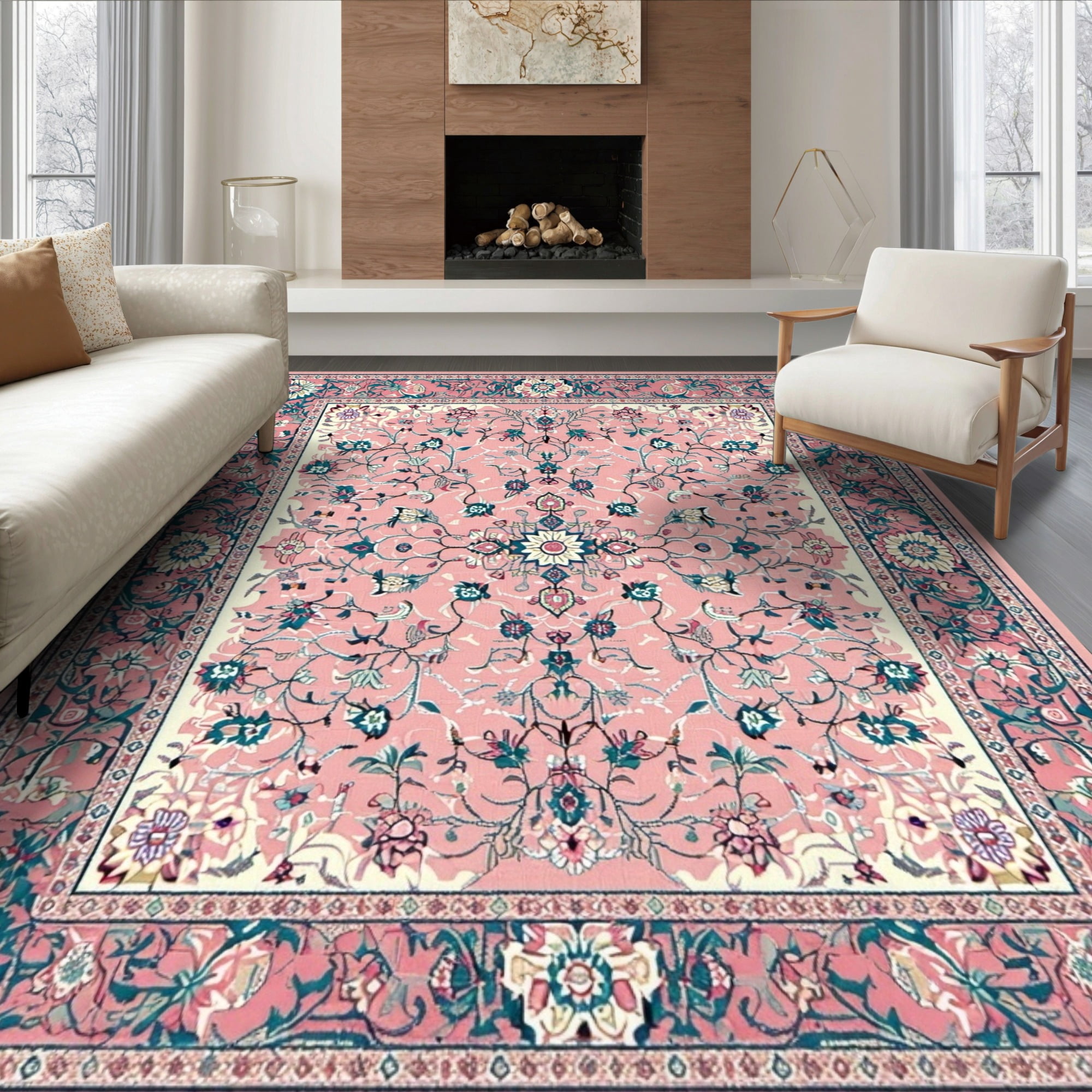 Butterfly Native Rug ODIKA 6'x9' Ultra-Soft Area Rug, Playroom Vintage Pink Butterfly Vine ...