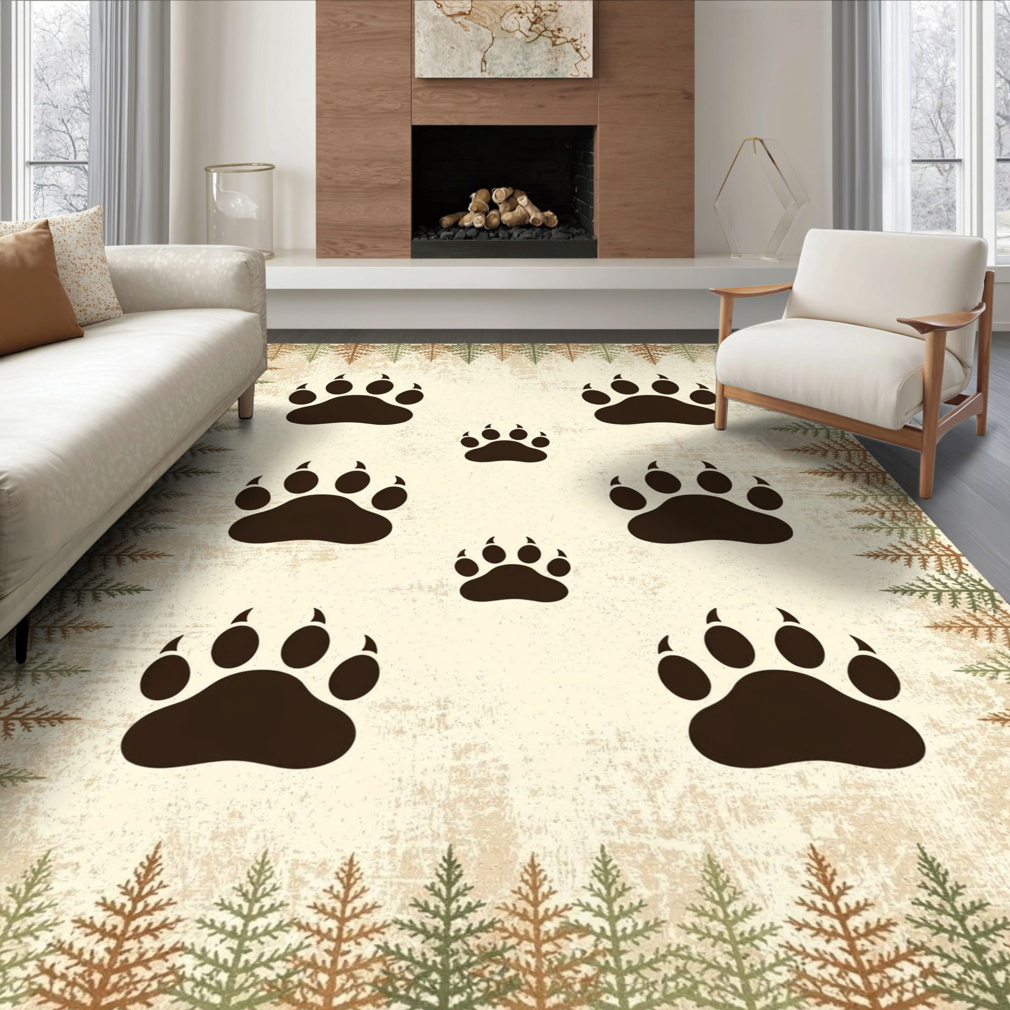 Rug Frameborder ODIKA 6'x9' Ultra-Soft Area Rug, Print Cabin Wildlife Vintage Forest ...