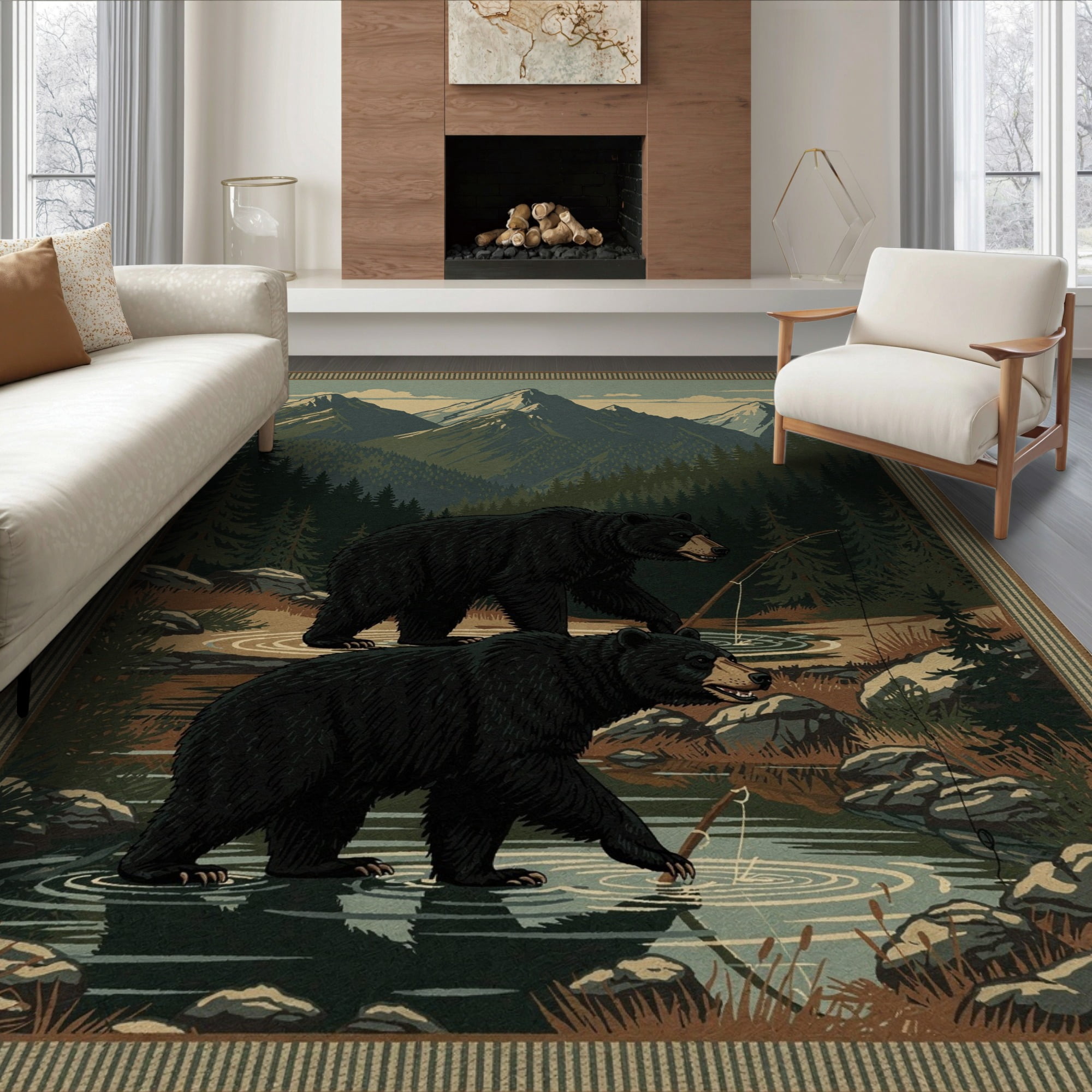 Cabin Styel Rug ODIKA 6'x9' Ultra-Soft Area Rug, Print Wildlife Cabin Forest Border ...