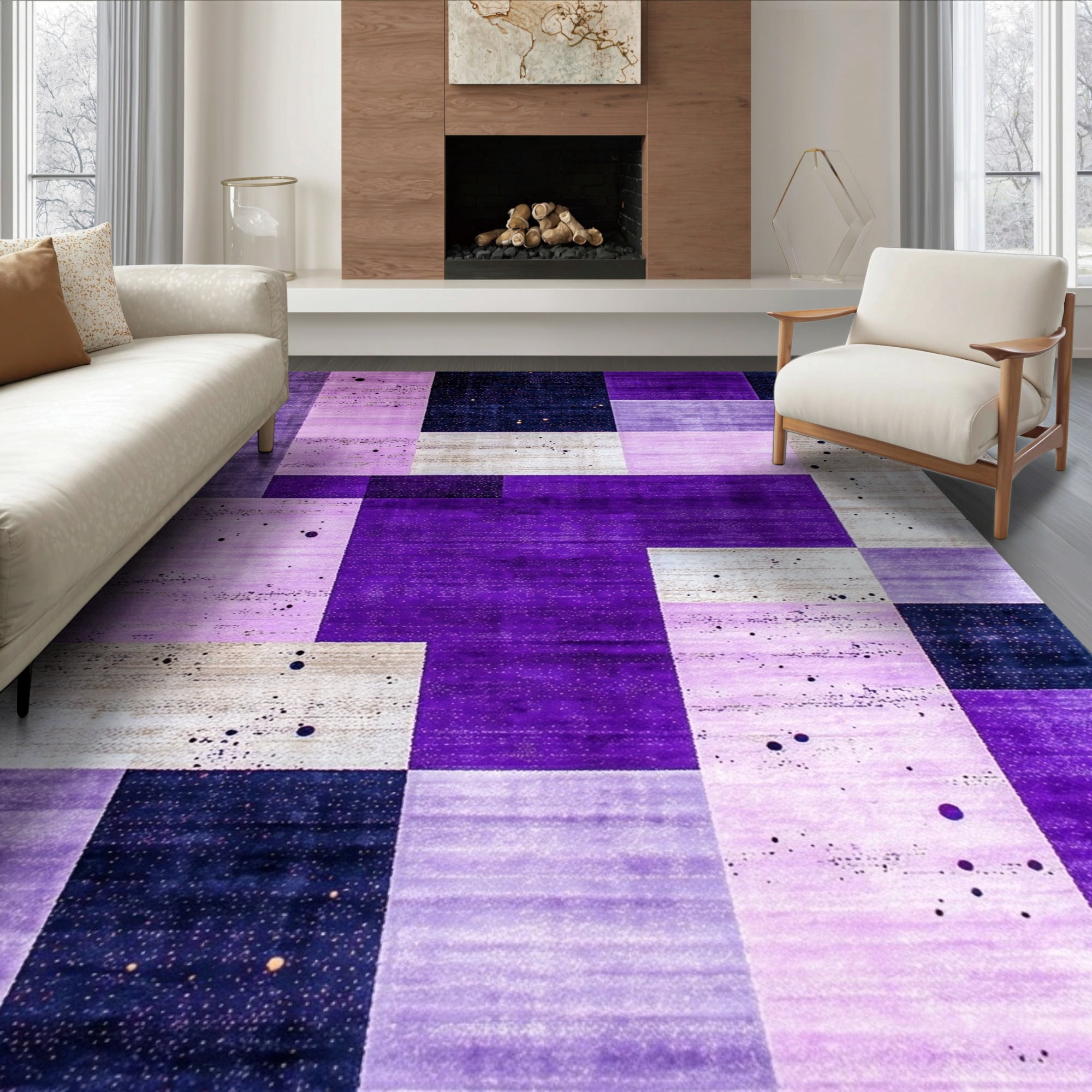 Block Pattern Area Rug ODIKA 6'x9' Ultra-Soft Area Rug, Purple Solid Block Abstract Speckled ...