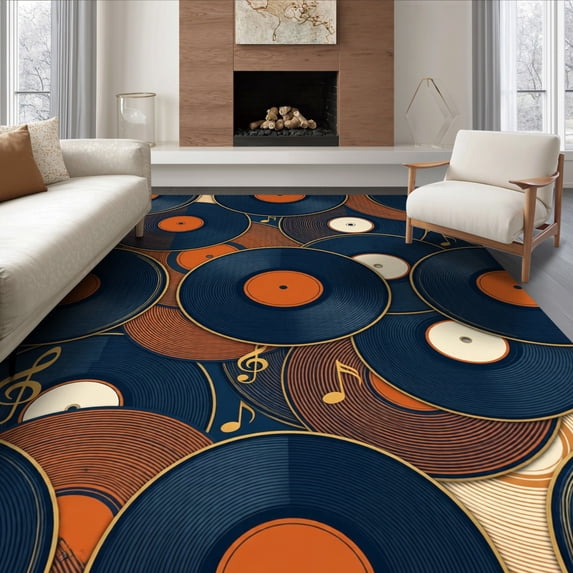 ODIKA 6'x9' Ultra-Soft Area Rug, Retro Vintage Music Sound Recording Motif Abstract Geometric None Washable, Bare feet friendly, Silk-Touch for Guest Room, Bedroom